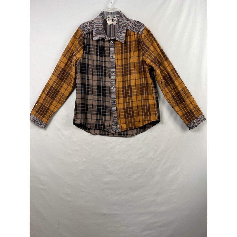 Savanna Jane Button Down Shirt Womens Medium Brown Plaid Patchwork Mixed Media - Picture 1 of 8
